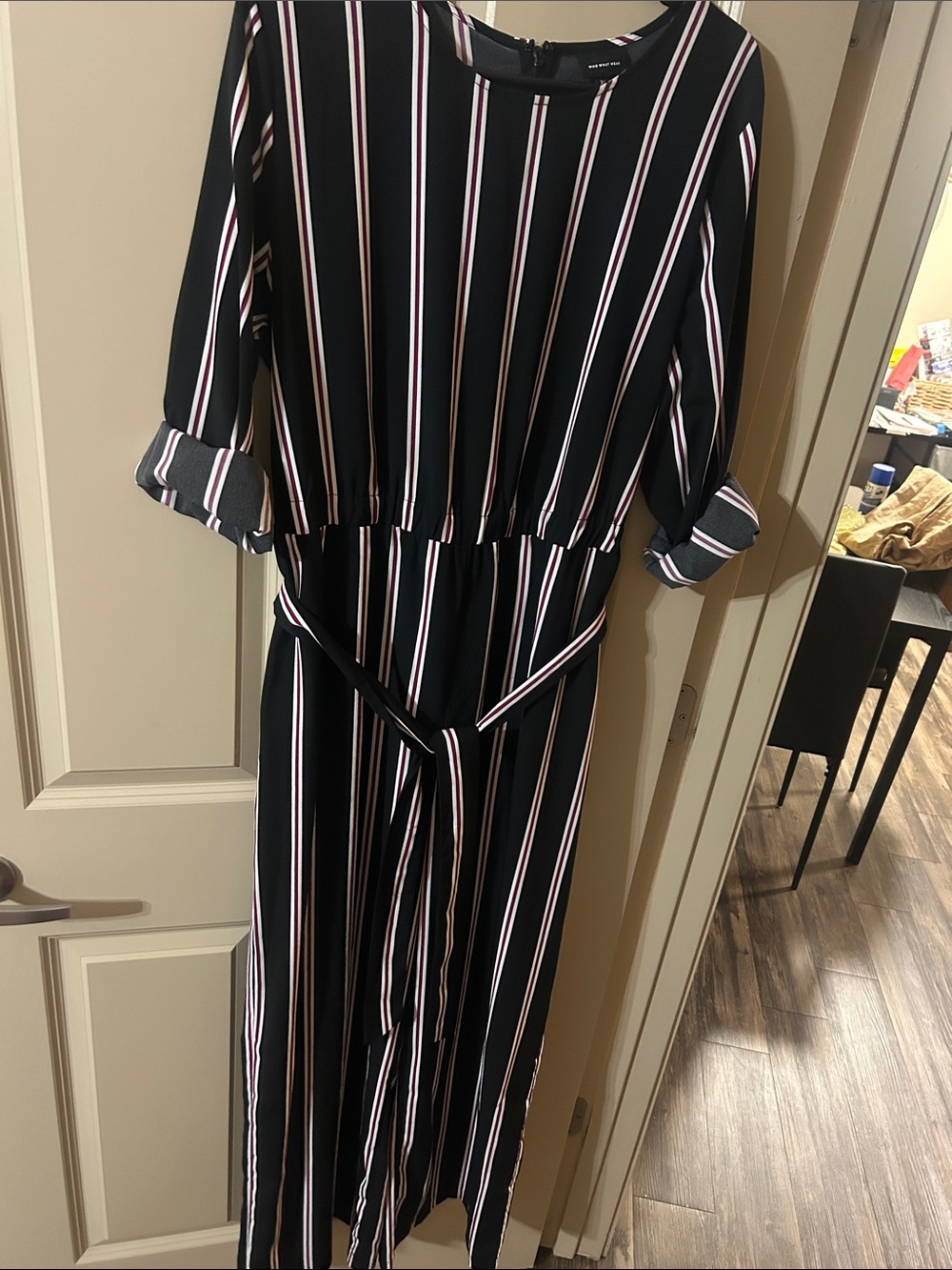 Who What Wear Black Jumpsuit with White and Purple Stripes